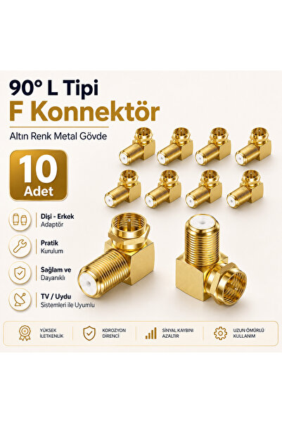 Derwell 10 Adet 90 Derece L Tipi F Konnektör Adaptör - Altın Renk Metal Gövde...
