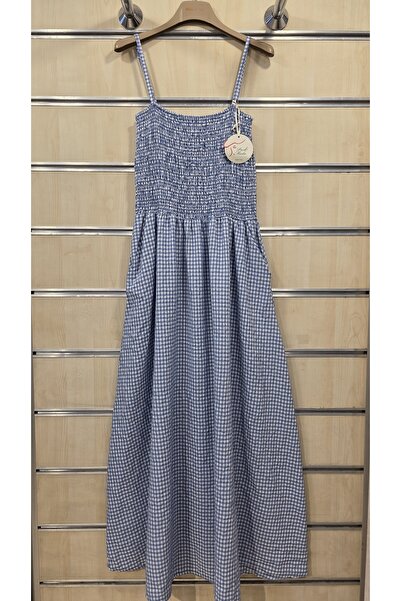 Park Moda Strappy Cotton Long Dress with Gingham Pattern