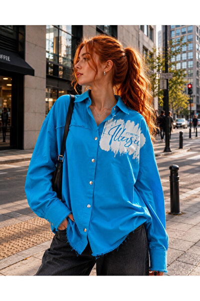 Serena Cămașă damă denim oversized „Just an Illusion” – Albastru electric