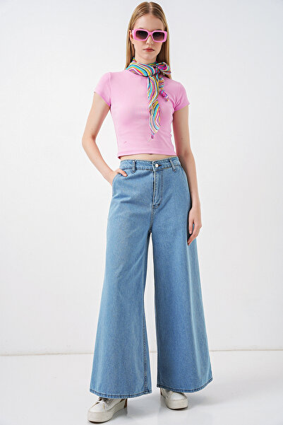 Merterium Women's Wide Leg High Waist Jeans 1515 - Light Blue
