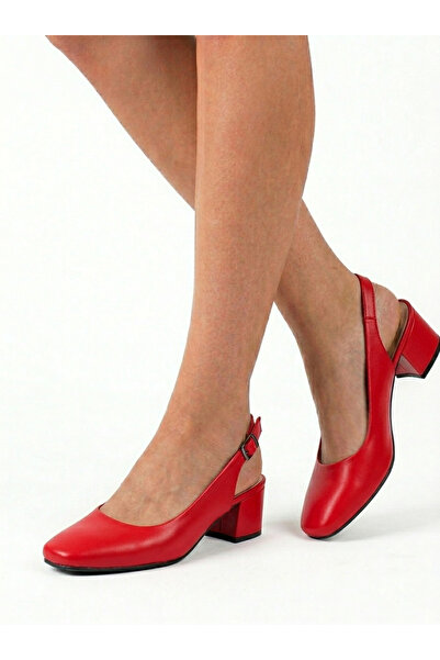 NZN Genuine Leather Red 4 cm Heeled Square Toe Classic Sandals Shoes