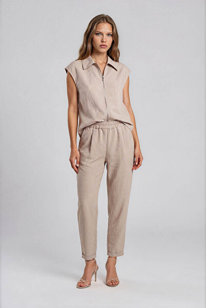 Vitrin Stripe Pattern Trousers with Elastic Waist
