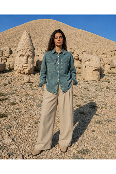 Safari Kadın Oversize Kot Gömlek Çift Cepli Bölmeli Denim Gömlek Uzun Kollu
