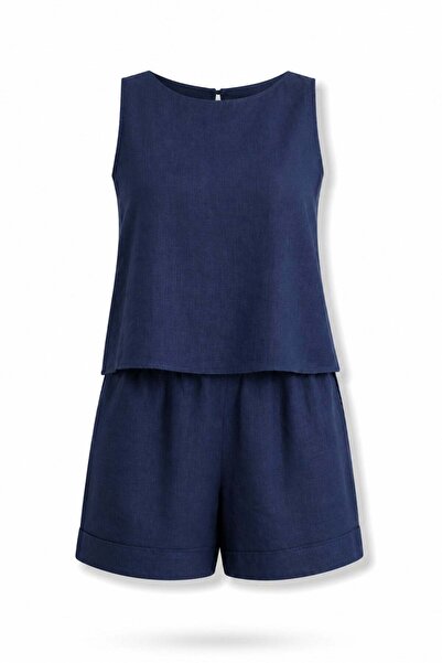 5in1Canpolat Navy Blue Linen Textured Blouse Shorts Set 17746