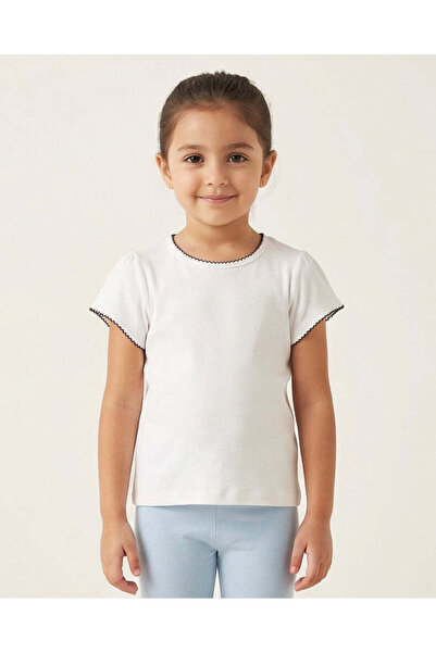 REDTAG Girls Ivory Picoting Ribbed T Shirt