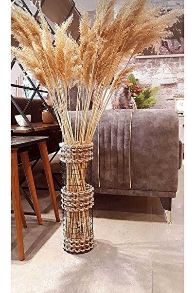 Egindra LED aydınlatmalı hasır kuru çiçek vazosu yer vazosu bohem dekoratif yer vazosu 48-50 cm