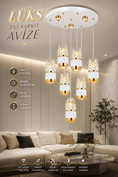 Elvora Home Modern (PREMİUM) Lüks 7'li Kristal Cam Sarkıt LED Avize Gold Beya...