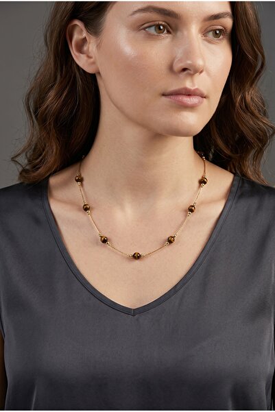 Mijja Natural Tiger's Eye Stone Gold Color Lacquer Coating Non-Tarnishable St...