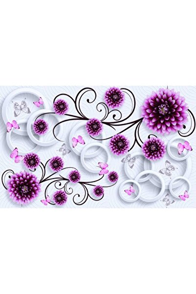 Persona Tablou Canvas, Flori Mov Si Cercuri Albe 3D- 100 X 70 cm