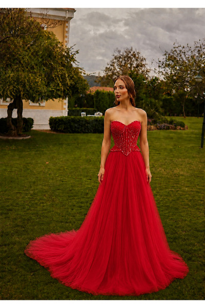 HS SPOSA KADIN ABİYE KIRMIZI BÜSTİYERLİ PRENSES MODEL TAŞ İŞLEMELİ ŞIK DAVET-...