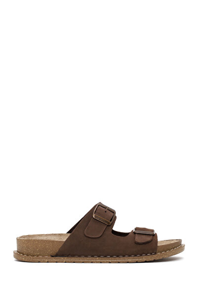 Derimod Women's Brown Double Buckle Nubuck Leather Slippers 26Sfd5021V3