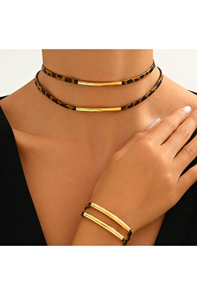 Yeşilmoda Leopard Pattern Double Layered Choker Necklace and Bracelet Set Wom...