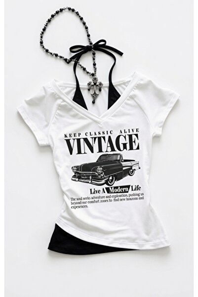Köstebek Retro Vintage Car Short Sleeve Blouse with Additional Strap