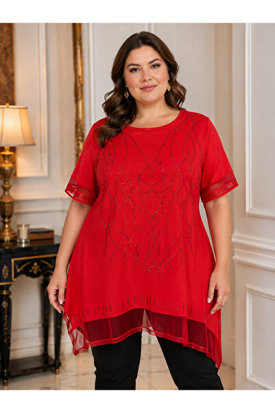Azra Bluza rosie cu paiete, marime mare