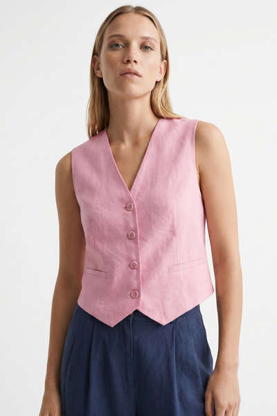 Exquise Sleeveless Fleto Pocketed Lined Linen Regular Vest