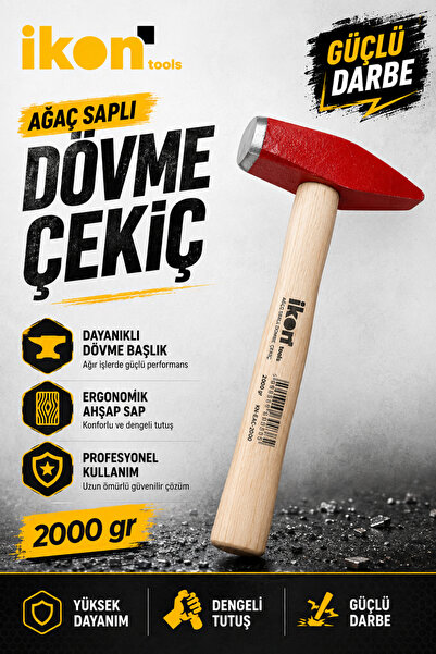 İkon Tools Ağaç Saplı Dövme Çekiç 2000 gr Dayanıklı Çelik Başlıklı Ahşap Sapl...