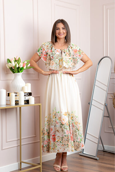 OEM Rochie eleganta lunga Ayana cu imprimeri florale si volane ample - Ivoire