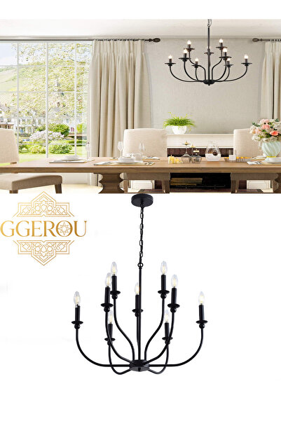 GGEROU Black Farmhouse Chandelier 9-Light Industrial Candle Pendant Light, Ad...