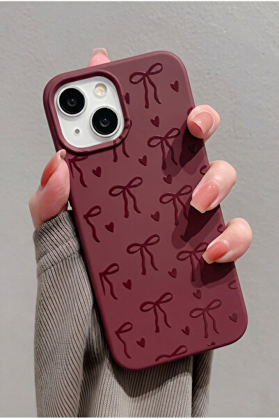 KVK PRİVACY iPhone 13/14/15 Uyumlu Bordo Fiyonk Desenli Kadifemsi Soft Touch ...