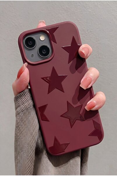KVK PRİVACY iPhone 13/14/15 Uyumlu Bordo Kabartmalı Yıldız Desenli Kadifemsi ...