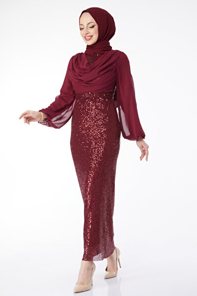 TOFİSA Sleeves Chiffon Sequined Evening Dress Burgundy - 24597
