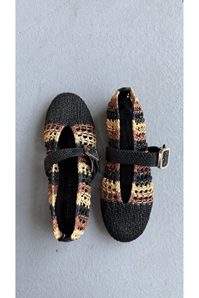 Eataly Shoes Sole Hasır Dokulu Babet Siyah Bej
