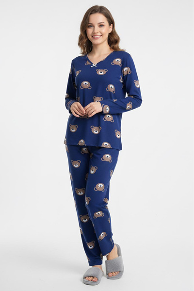 TOFİSA Bowknot Patterned Suede Pajama Set - 28162-Dark Blue
