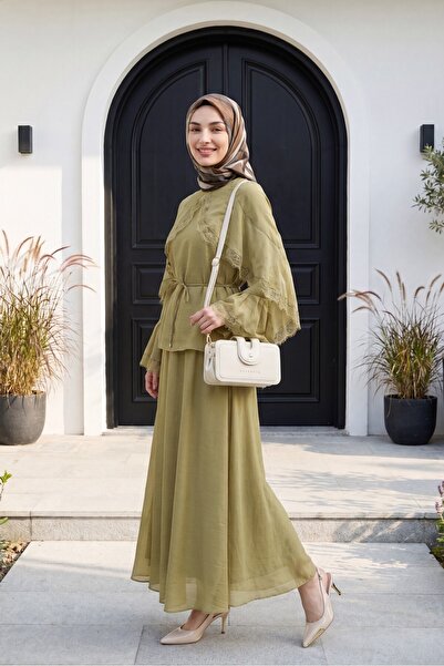 Modamorfo Lace Detailed Spanish Sleeve Lined Belted Tulle Voile Skirt Set - O...