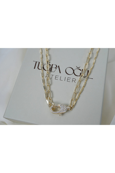 ATELİER TUĞBA Kol534 Two Rows of Stone Lock Clip Gold Necklace with Stone Att...