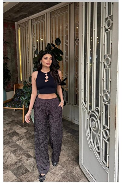 vipelmoda بنطلون نسائي من الساتان بنقشة الفهد واسع الساقين بخصر مرتفع ومرن