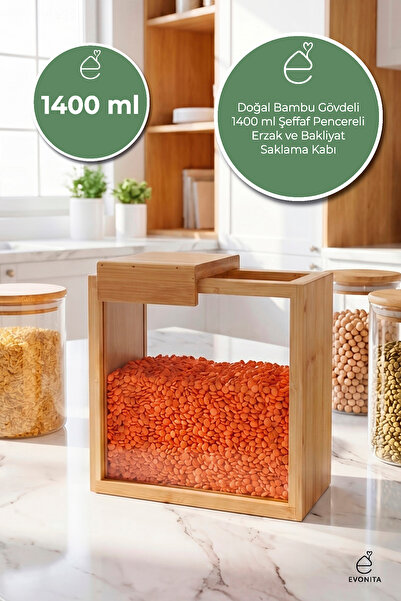 EVONİTA 1400 ml Bamboo Lid Food Container Legume Storage Container Kitchen Or...