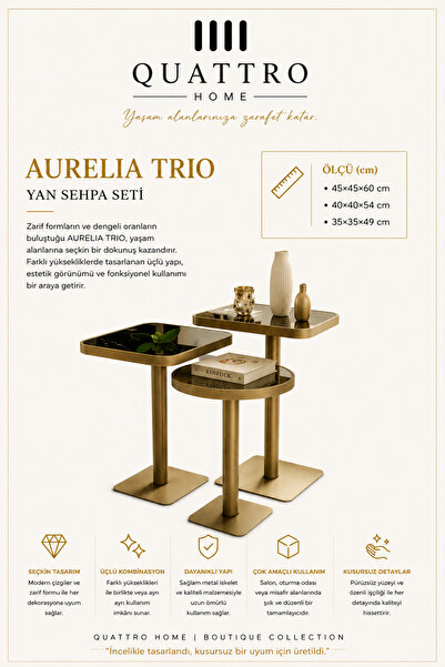 QUATTRO HOME Aurelia Trio Üçlü Yan Sehpa Seti Gold Aynalı Yüzey Metal Ayaklı ...