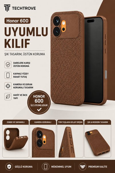 TechTrove Honor 600 Uyumlu Kılıf Deri Tasarımlı Kamera Korumalı Darbe Emici K...