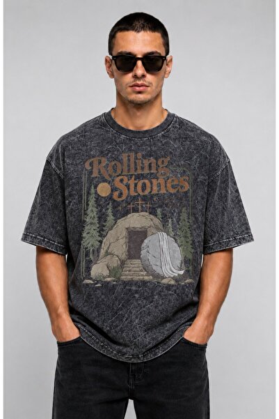 Fuddy Moda Унисекс овърсайз тениска с принт на рок група Rolling Stones, изпр...
