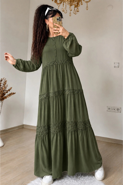 AZRA BUTİK Magnolia Pattern Lace Detailed Dress Khaki