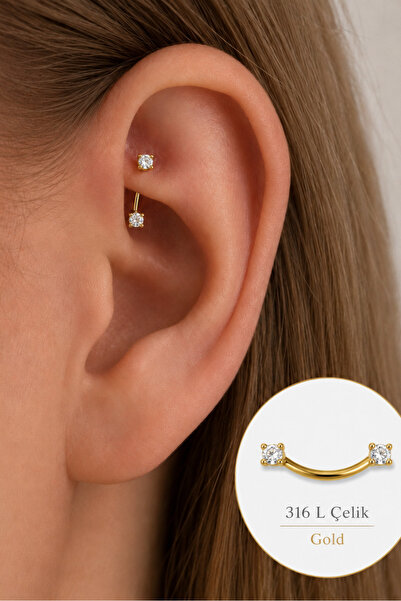 moonzy - minimalist & cozy Çift Taşlı Kaş Rook Piercing 316L Çelik Zirkon Taş...