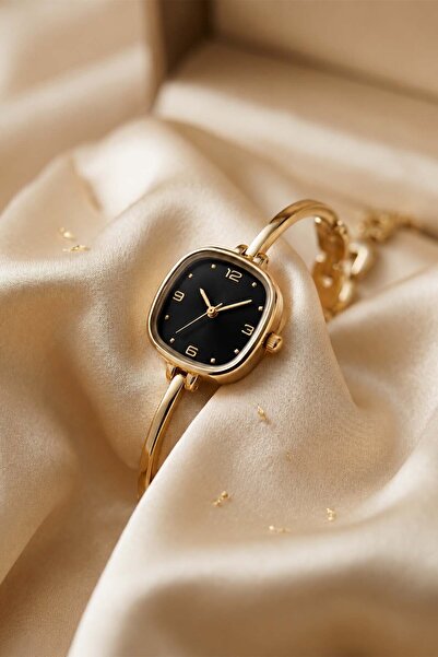 The Watch Hellin Women's Gold Steel Watch – Black Dial Square Case Luxury Old...