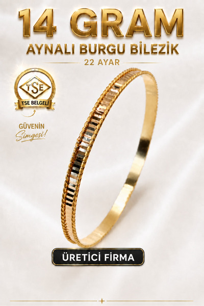 Aks Gold 22 Ayar TSE Belgeli (14 GRAM) Aynalı Burgu Ajda Bilezik Gold Altın B...