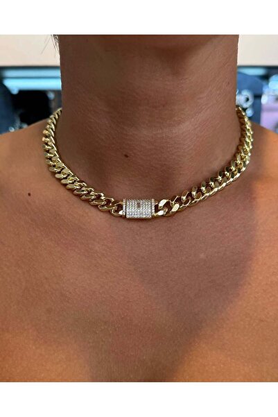 neslyaccessories 14K Altın Kaplama Kutu Kilitli Gurmet Kolye