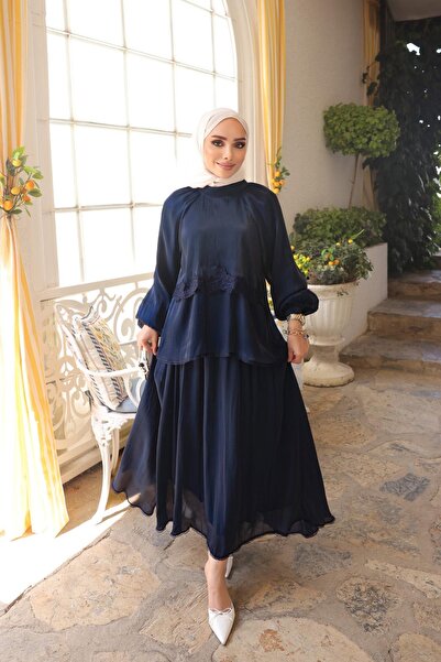 İmajButik Lacivert Önü Dantel Detaylı Etekli Takım