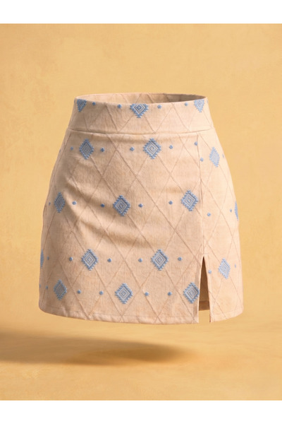 SLAW REZZ Women's Cream Ethnic Embroidered Linen Zipper Mini Shorts Skirt wit...