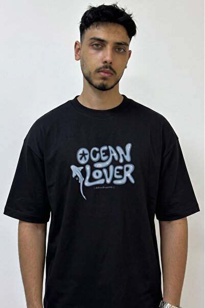 Anetos Ocean Lover Design Printed Oversize Black T-Shirt