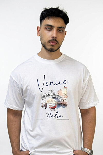Anetos Venice Italy Design Printed Oversize White T-Shirt