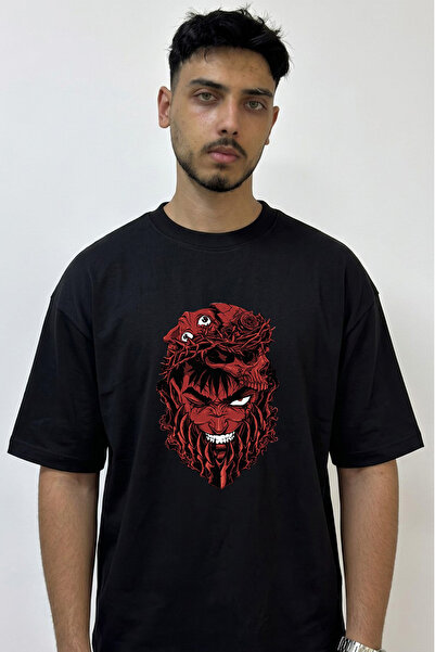 Anetos Guts Behelit Design Printed Oversize Black T-Shirt