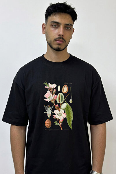 Anetos Almond Botanical Design Printed Oversize Black T-Shirt