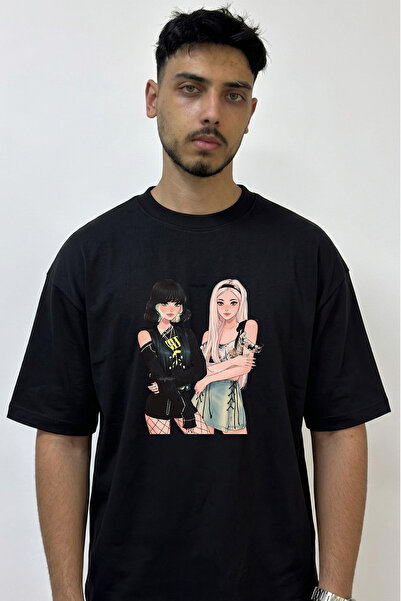 Anetos Blackpink Lisa Rose Design Printed Oversize Black T-Shirt