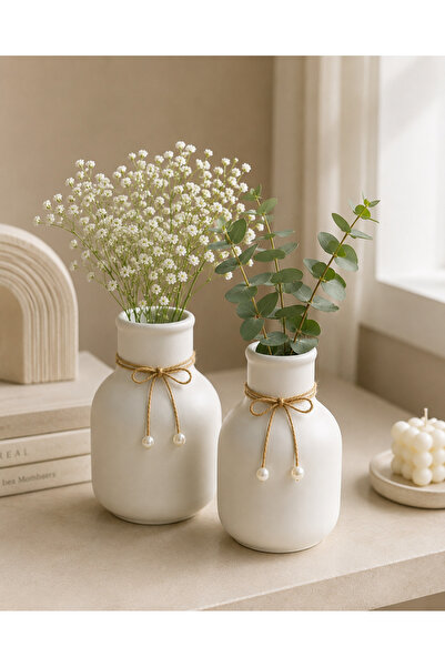 AlohamoraShop 2'li Modern Dekorasyon İçin Şık Beton Çiçek Vazo Jüt İp Süsleme...