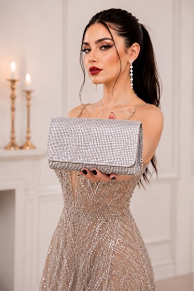 Bluewhs Women's Silver Glitter Evening Dress Bag with Stone Detail Portfolio ...