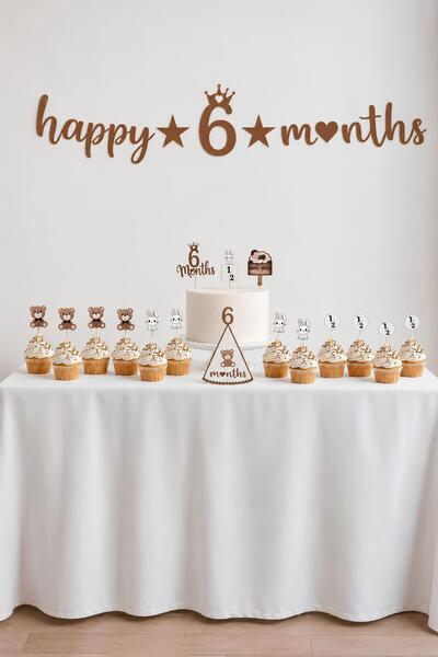 Patladı Gitti 6 Ay Temalı Kahverengi Parti Seti – Happy 6 Months Banner, Past...