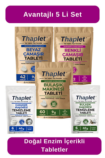Avantajlı 5li Set Beyaz ve Renkli Çamaşır Deterjanı Tableti ve Bulaşık Makinesi Tableti + Çamaşır ve Bulaşık Makine Bakım Tabletleri